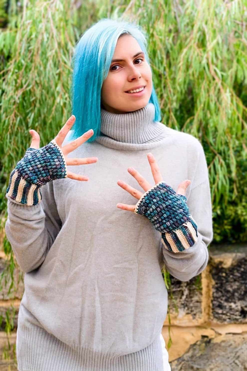 handmade fingerless mittens with textured crochet stitches