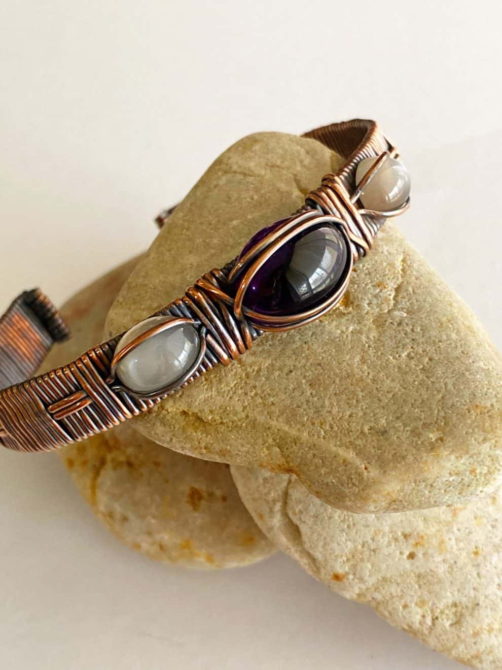 Amethyst and Grey Moonstone Handcrafted Copper Wire Wrapped Bracelet