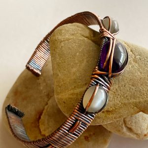 Amethyst and Grey Moonstone Handcrafted Copper Wire Wrapped Bracelet