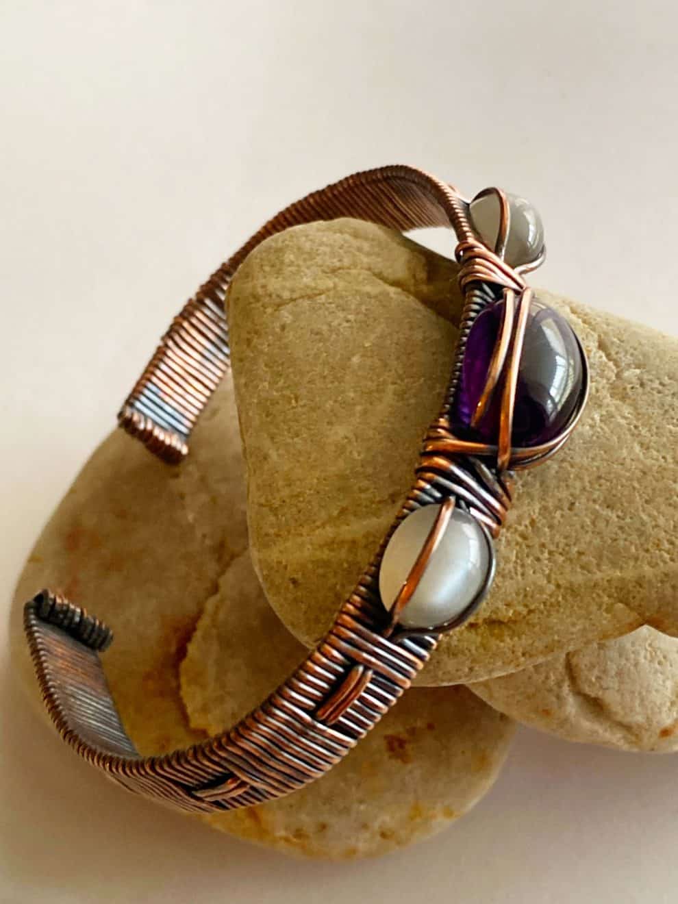 Amethyst and Grey Moonstone Handcrafted Copper Wire Wrapped Bracelet