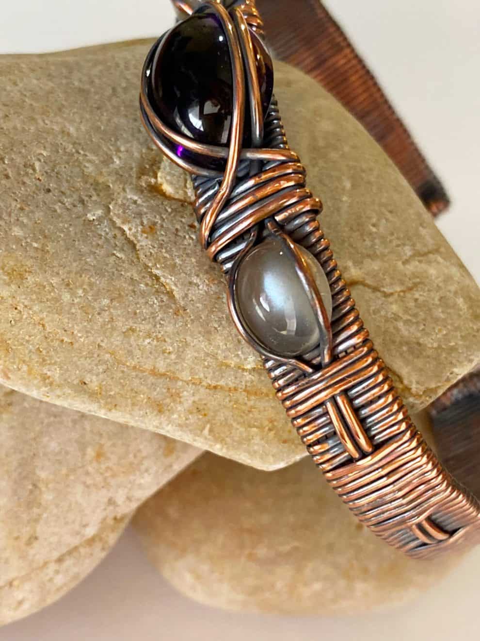 Amethyst and Grey Moonstone Handcrafted Copper Wire Wrapped Bracelet