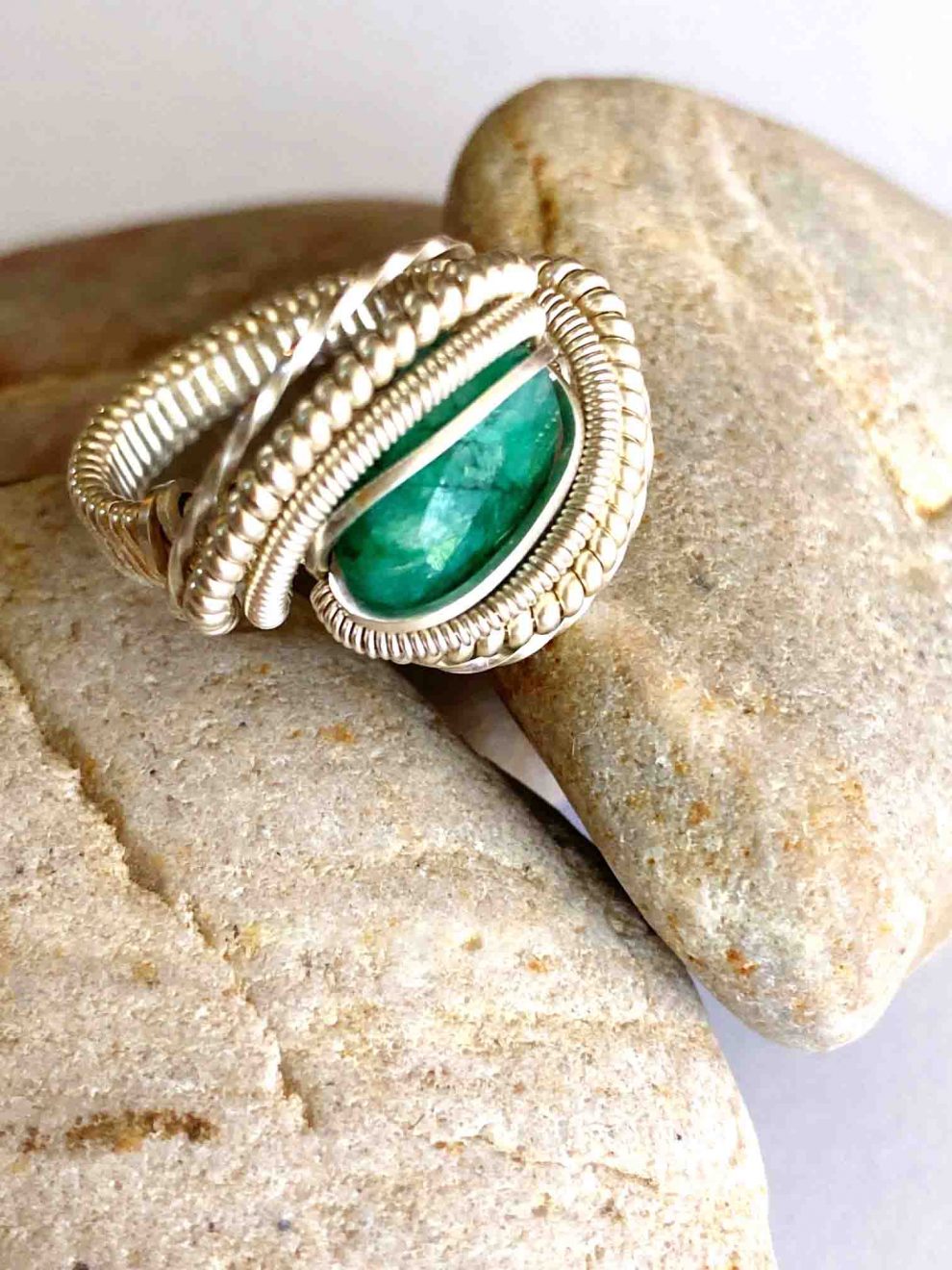 Emerald Handcrafted Sterling Silver Wire Wrapped Ring 2 Quirky Black Dog