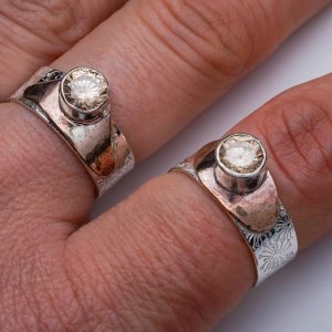 Silver Dandelion Hammered Ring with Champagne CZ