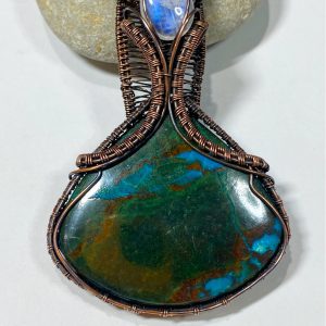Chrysocolla Azurite & Rainbow Moonstone Copper Wire Wrapped Pendant