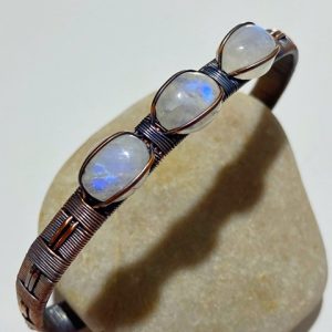 Triple Rainbow Moonstone Handcrafted Copper Wire Wrapped Bangle