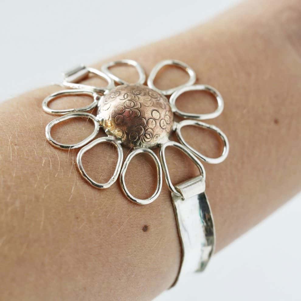 Sunflower bronze and sterling silver cuff