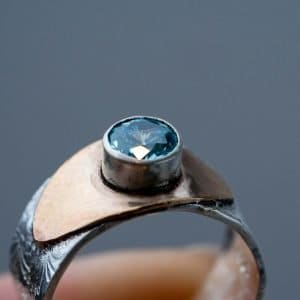 Silver and Bronze Dandelion Hammered Ring with Blue CZ