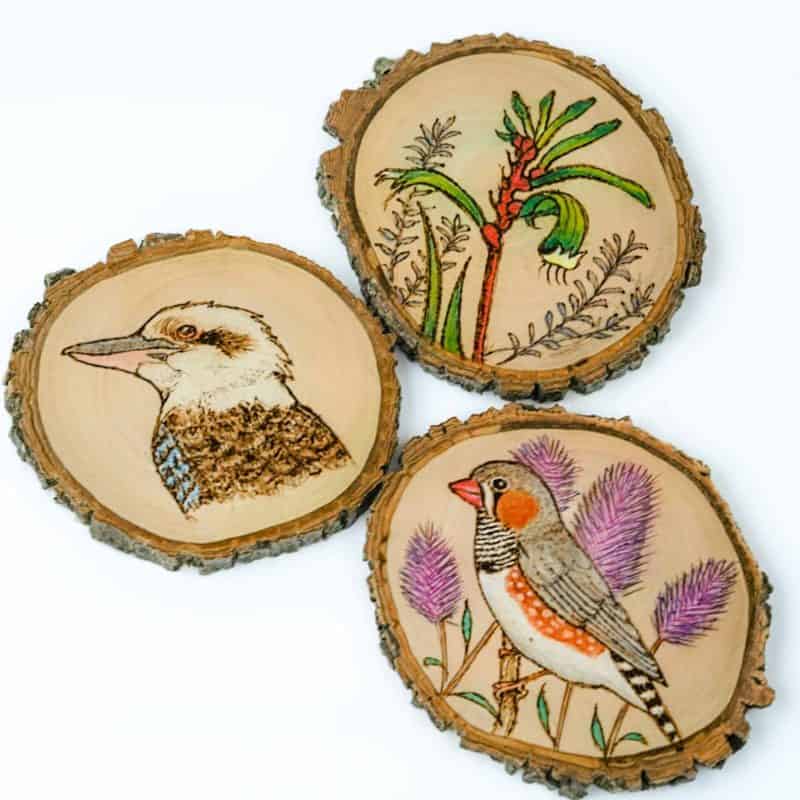 a collection of three natural wooden coasters that each contain a unique image of a kangaroo paw, kookaburra or spotted pardalote