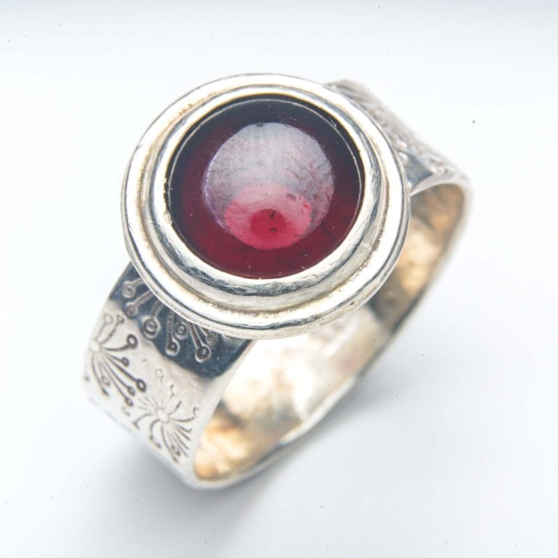 Garnet Dandelion Ring (2) Garnet Cabochon Sterling Silver Ring by Rowena Mitchell Western Australian Jeweller