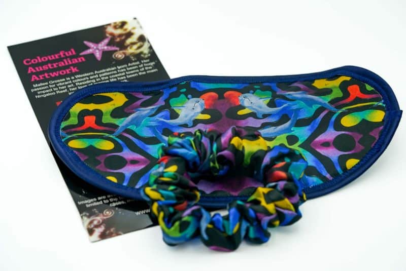 Mallee Grosse Sleep mask and scrunchie Dolphin pack Mallee Grosse Western Australian Artists inspired by marine life and vibrant colours.