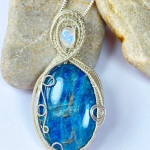 Handcrafted Apatite & Rainbow Moonstone Sterling Silver Pendant