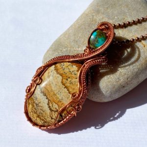 Picture Jasper & Tibetan Turquoise Copper Wire Wrapped Pendant