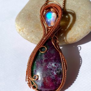 Ruby Zoisite & Rainbow Moonstone Copper Wire Wrapped Pendant