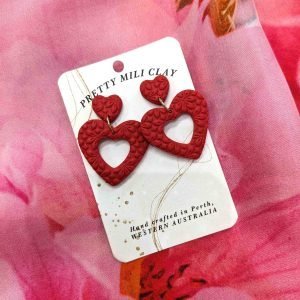 Patterned Red Heart Polymer Clay Earrings