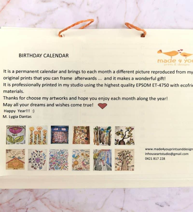 Lygia Dantas Western Australian artist, birthday calender