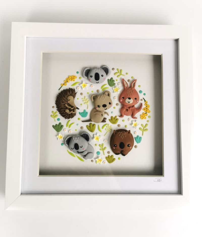 Beverley Edge Polymer clay boxed framed Aussie animals. WA artist