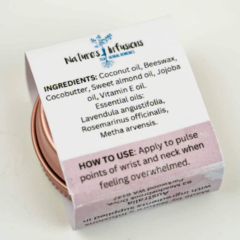 Natures infusions calm balm of lavender, rosemary and peppermint. Ingredients from Australia and made in Perth. 20g