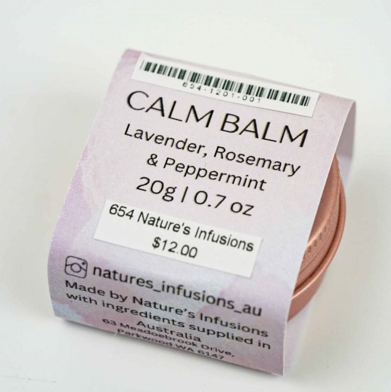 Natures infusions calm balm of lavender, rosemary and peppermint. Ingredients from Australia and made in Perth. 20g