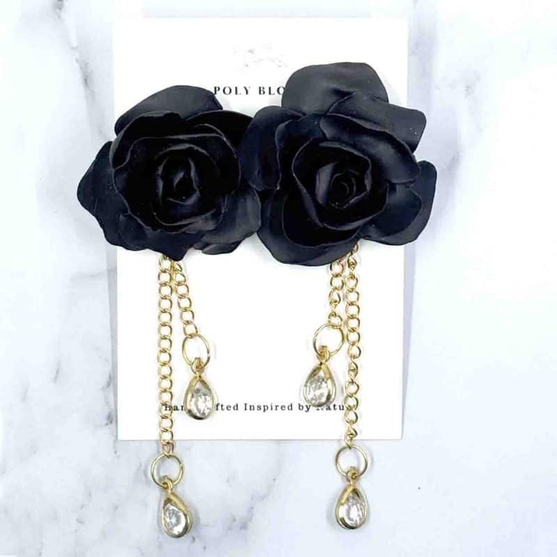 Black-Rose-Dewdrop-Earrings-1 Poly Bloom Fremantle artist Polymer clay