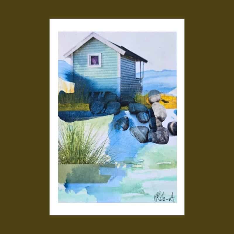 Blue Lake House greeting card Western Australian Artist. Mortimer & White. Karen Roberts. Blank Card. Greet Card. Lake House. Print. Blue.