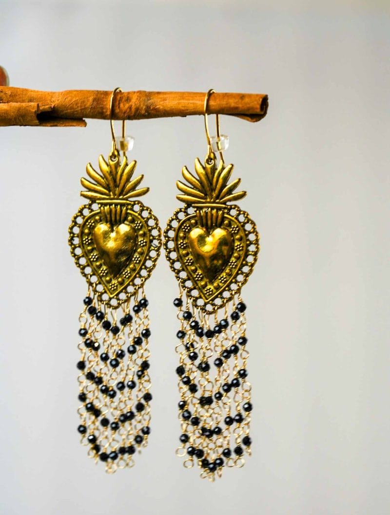 Gold Ex Voto Heart Earrings with Black Spinel