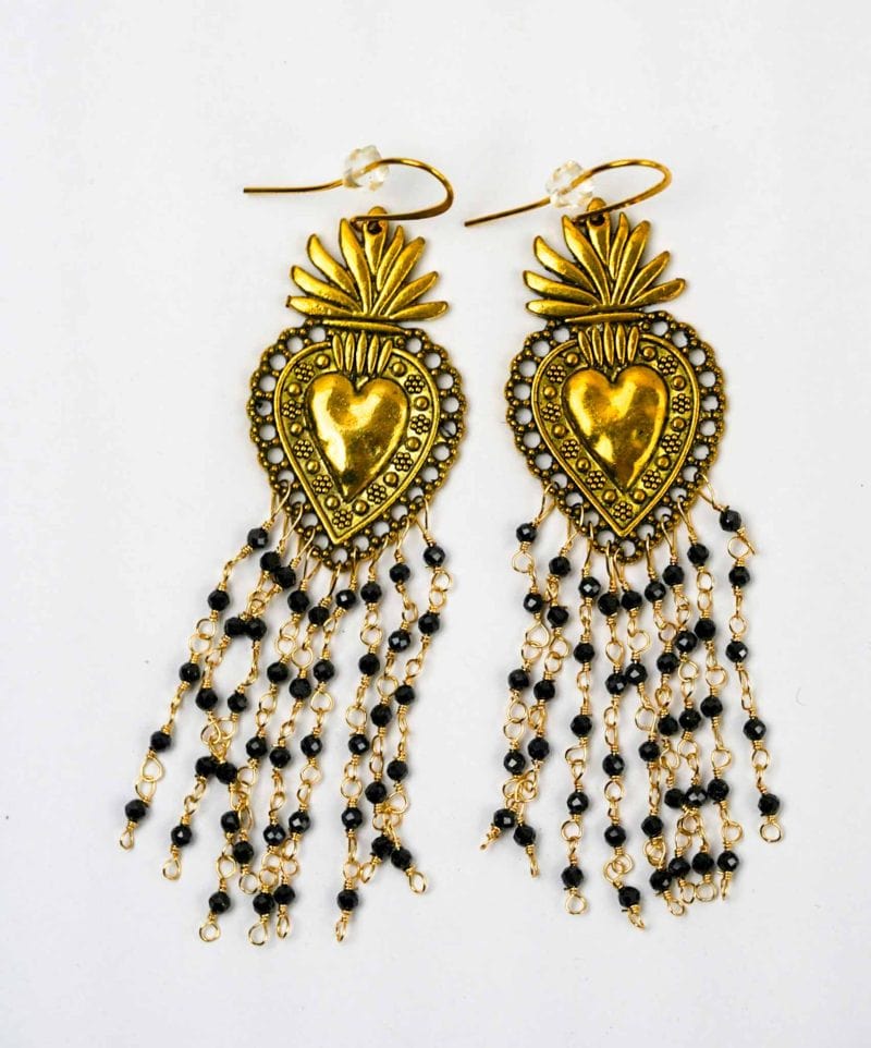 Gold Ex Voto Heart Earrings with Black Spinel