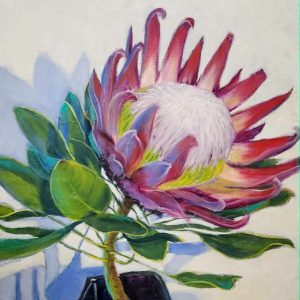 King Protea Original Artwork by Christine LeFaucheur Oil on canvas, unframed. 40 cm x 70 cm x 4 cm. This oil painting is on stretched canvas and is wired at the back and ready to hang as is or equally can be framed by the buyer if that is preferred.