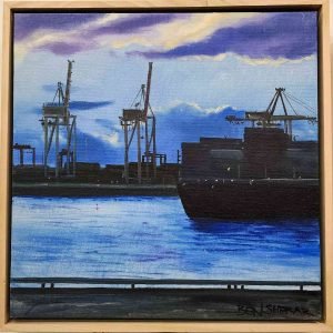 Port at Dusk Original Oil Painting by Ben Sherar.  Oil on canvas. Framed. Approx. 31cm x 31cm.