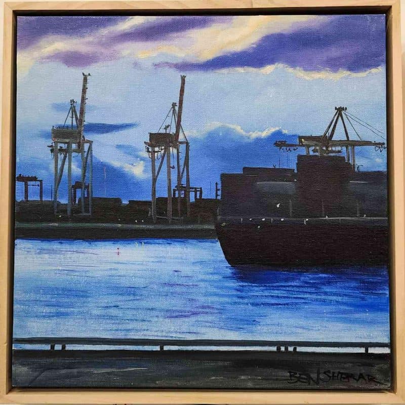 Port at Dusk Original Oil Painting by Ben Sherar.  Oil on canvas. Framed. Approx. 31cm x 31cm.