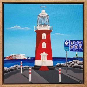 Red North Mole Lighthouse Original Paintingby Laura Farnhill Approx. 38cm x 38cm x 6cm Acrylic on canvas. Framed.