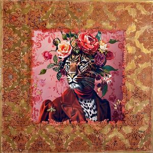 The Velvet Huntress Original Artwork by Demi McLeod The Guilded Cage Series Dimensions: approx. 81cm x 81 cm. Mixed media on board, collage, gold leaf, marble paste, synthetic polymer, ink, oil paint and bee assemblage. Board in floating frame.
