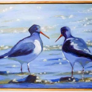 two birds seagulls with a water background ready and waiting to catch oysters, original artwork by Chris Lefaucheur Perth based artist