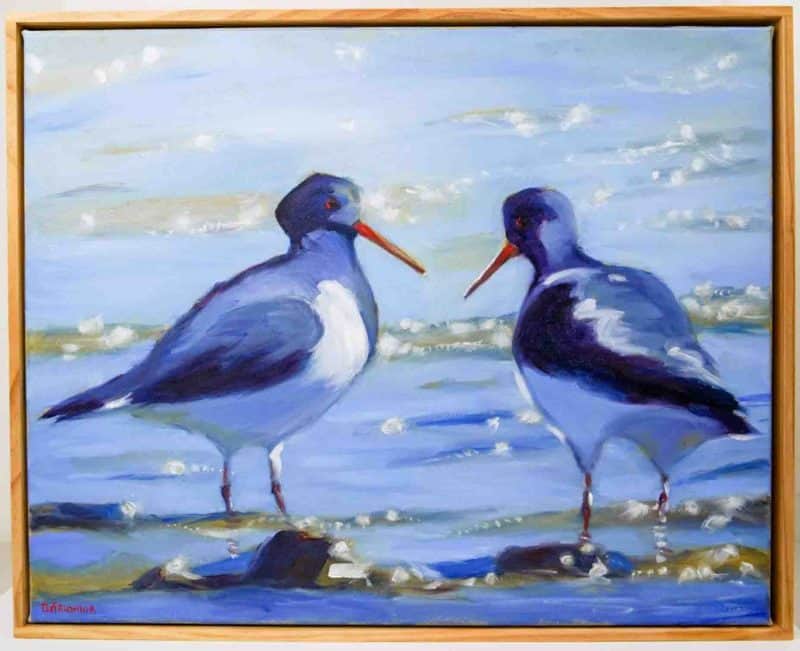 two birds seagulls with a water background ready and waiting to catch oysters, original artwork by Chris Lefaucheur Perth based artist