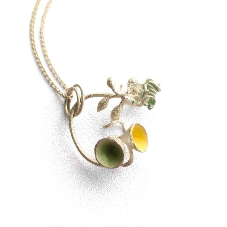 Best Overall Award Winner Hale Fine Art Awards, pendant with fine leaves and enamel gumnuts