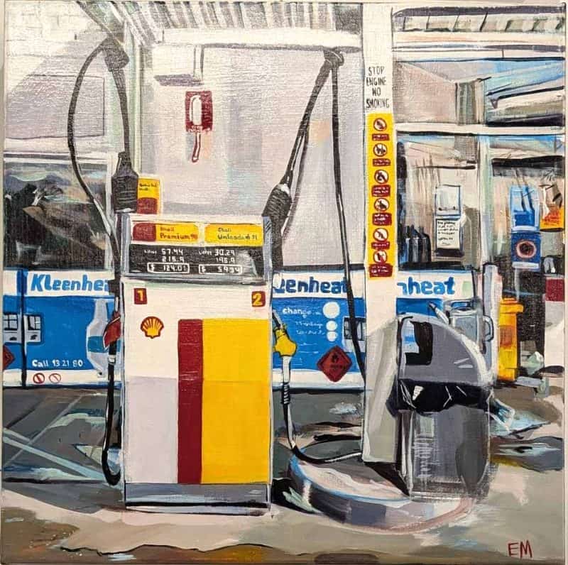 Fuel Stop Manjimup 6258 Fuel Stop Manjimup 6258 is an original acrylic painting capturing the character of Thompson’s Garage, a well‑known Shell station in the heart of Manjimup. Bold colour, expressive brushwork, and authentic local signage bring this everyday regional scene to life, celebrating the charm of small‑town WA. Signed EM and painted on premium stretched canvas, this one‑of‑a‑kind artwork adds a touch of contemporary Australiana to any space.