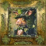 an orginal mixed media artwork by local western australian artist Demi Mcleod featuring a rabbit with a hat on with flowers coming out of the top of the hat. Vibrant gold and green lace around the border.