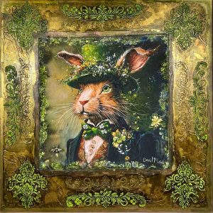 an orginal mixed media artwork by local western australian artist Demi Mcleod featuring a rabbit with a hat on with flowers coming out of the top of the hat. Vibrant gold and green lace around the border.