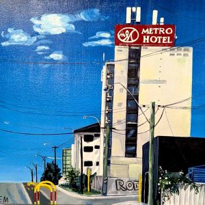 This striking original acrylic painting captures the gritty charm of urban life with bold color and confident brushwork. The Metro Hotel on the Highway to Hell depicts a towering city landmark under a vivid blue sky, its red signage glowing against the pale facade. Power lines, street poles, and graffiti lend the scene a raw, contemporary edge, while the composition’s clean geometry and saturated hues evoke a sense of rhythm and movement.