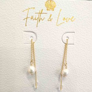 pair of Single oval shaped Freshwater pearl on a 14kt gold filled chain with a bar at the end of the chain