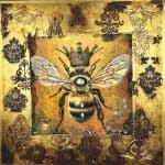 A mixed media orginalart work with a hugh bee with a crown and detialed textured lace work around the edges by Demi McLeod Local Fremantle WA Artist