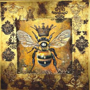 A mixed media orginalart work with a hugh bee with a crown and detialed textured lace work around the edges by Demi McLeod Local Fremantle WA Artist