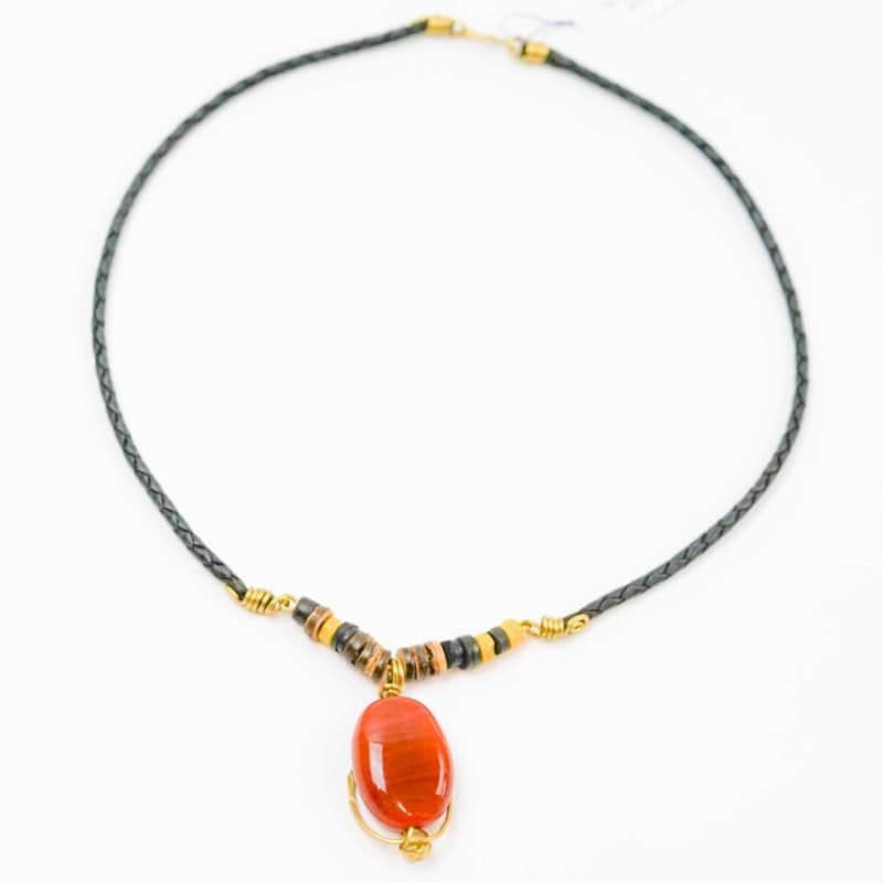 lether woven necklace with red agate (2) Oswaldo Paz. Western Australian Artist. Leather Woven Jewellery.