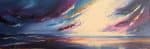 An abstract seascape oil painting titled “Approaching Storm.” Broad, textured palette‑knife strokes in deep blues, purples, and soft pinks sweep across the canvas, converging toward a bright, glowing centre that suggests light breaking through storm clouds. The ocean below reflects the same dramatic colours, creating a sense of movement and rising tension as the storm approaches.