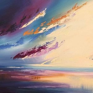 An abstract seascape oil painting titled “Approaching Storm.” Broad, textured palette‑knife strokes in deep blues, purples, and soft pinks sweep across the canvas, converging toward a bright, glowing centre that suggests light breaking through storm clouds. The ocean below reflects the same dramatic colours, creating a sense of movement and rising tension as the storm approaches.