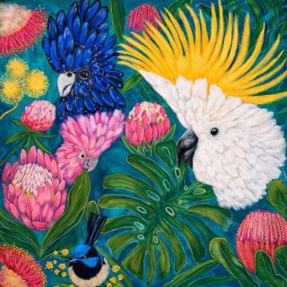A vibrant painting featuring Australian birds among lush tropical flora. A white cockatoo with a bright yellow crest dominates the right side, while a blue-black cockatoo and a pink cockatoo perch amid pink protea flowers. A small blue fairy-wren sits near the bottom among yellow blossoms. The background is filled with rich green leaves and teal tones, creating a lively, colorful composition that celebrates native wildlife and flora.