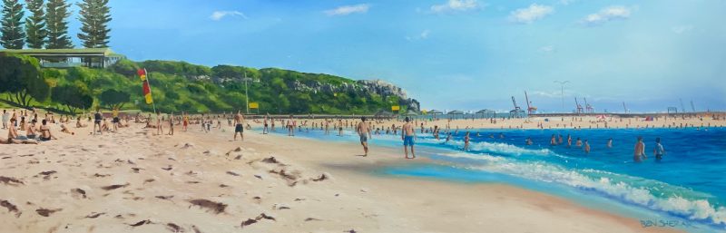 Busy Day at Cott original oil painting by Ben Sherar A large painting of Cottesloe Beach. The blue waves crash softly on the sand. In the background the foliage covered dunes. In the distance the cranes from Fremantle Harbour can be seen. The beach is very crowded with people sitting in the sand, playing volleyball, and swimming. Lifeguards and their flags can also be seen in the mid-ground.