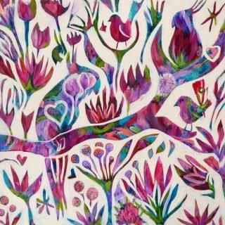 A stylized painting featuring abstract floral and bird motifs in vivid shades of magenta, purple, turquoise, and green against a cream background. The composition intertwines organic shapes—flowers, leaves, and branches—with small birds perched or in flight. Heart forms and delicate stems add a whimsical, romantic touch. The artwork has a layered, textured feel, blending natural imagery with expressive, modern abstraction.