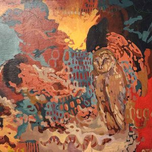 A richly textured acrylic painting featuring a barn owl resting with eyes closed amid an abstract, dreamlike landscape. Warm tones of ochre, rust, and gold blend with cooler shades of teal and blue, forming layered organic patterns and shapes. The composition evokes a sense of calm and mystery, with the owl illuminated against a backdrop of swirling color and light.