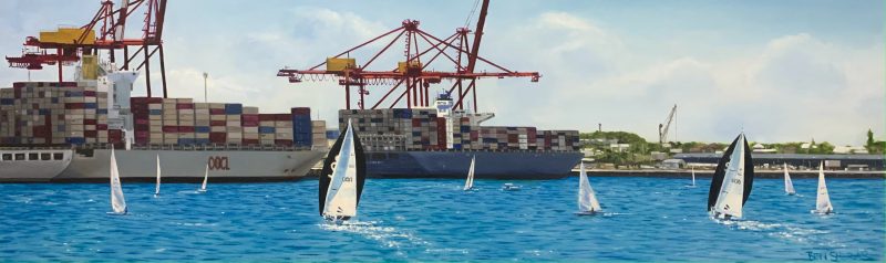 Harbour Race original oil painting by Ben Sherar Sail boats race through the calm blue waters of the Fremantle Harbour. In the background ships sit filled with multicolour stacks of shipping containers. In the distance the traffi bridge can be seen.