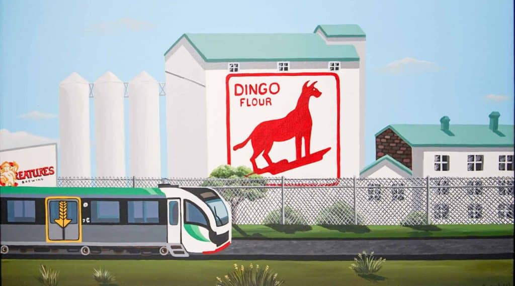 Original painting of the North Fremantle iconic dingo flour mill with a transperth train in the foreground